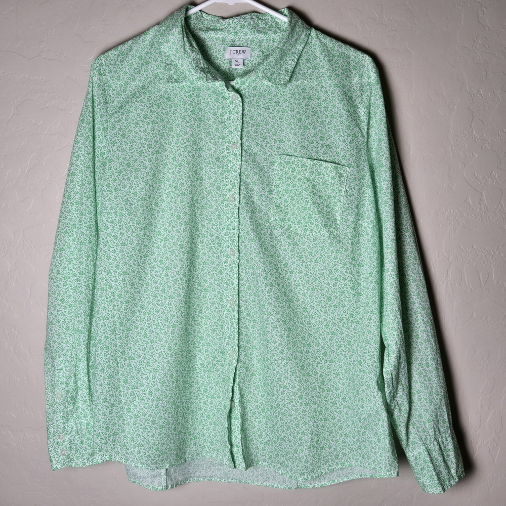 J Crew Factory Womens XL Green Dainty Floral Button Up Shirt Re-imagined Cotton